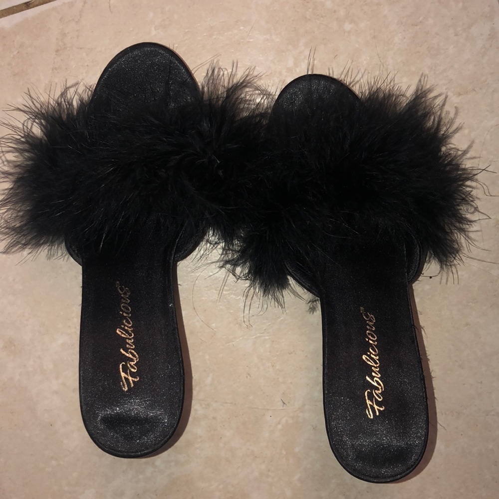 Black fuzzy heels, never worn